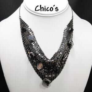 Chico's Gunmetal Gray Large Rhinestone Mesh Necklace, 19 Inches